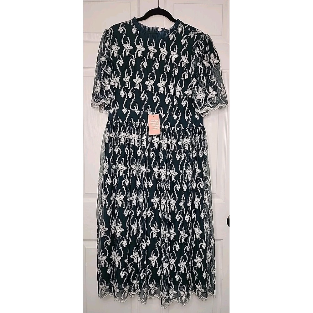 Ivy City Co. Amelia Womens XXL Midi Dress Emerald Green Embroidered Mesh Fairy